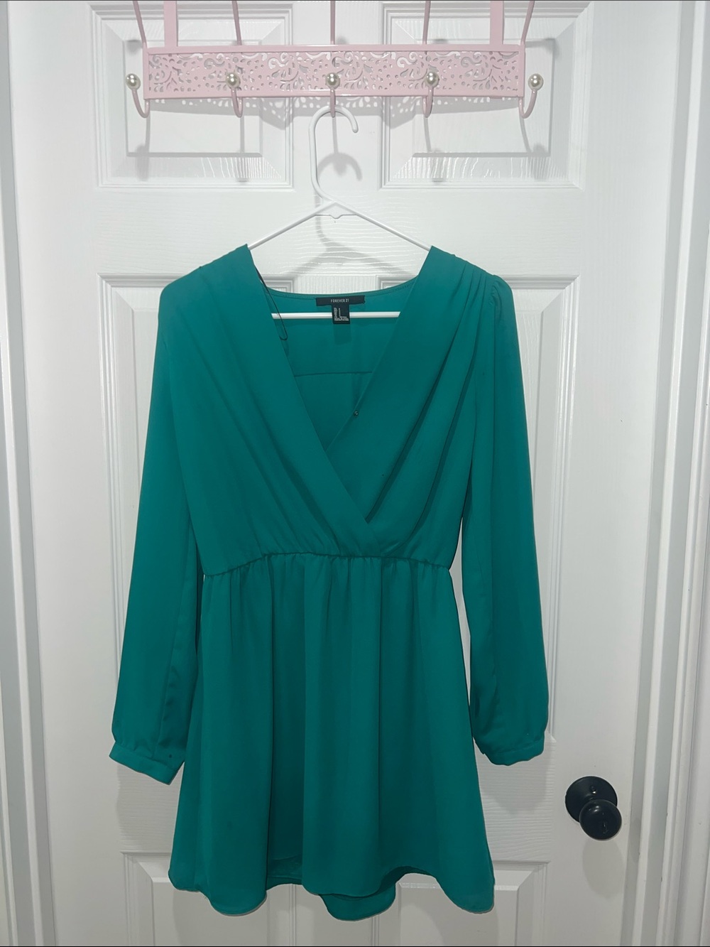 Forever 21 Teal Long Sleeve V-Neck Swing Dress